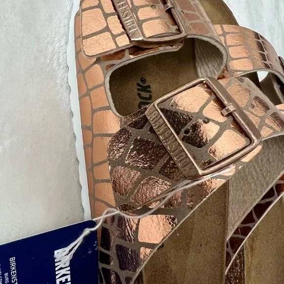 Birkenstock Arizona Sandals 37 Womens US 6/6.5 Gator Gleam Copper Buckle Strap - Picture 7 of 9